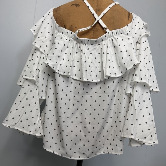 Express Top Womens Size M White Polka Dot Off The Shoulder Long Sleeve Boho - Picture 7 of 8